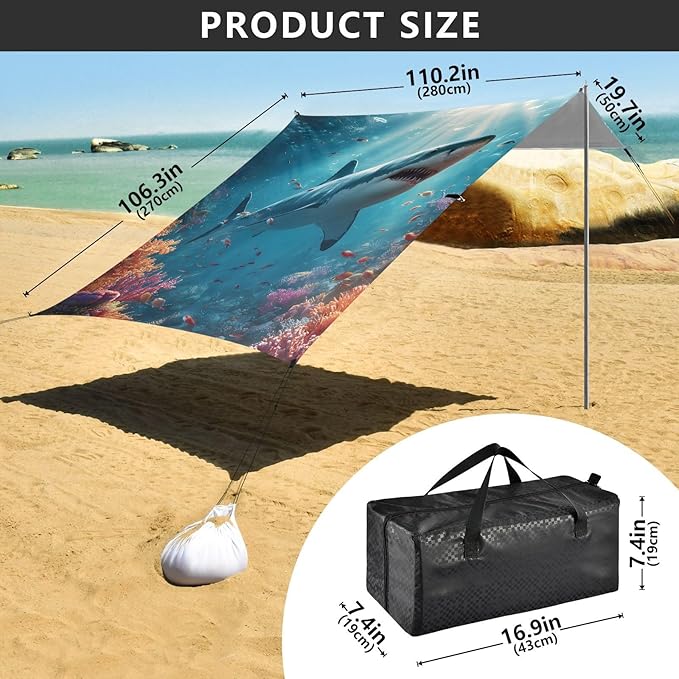ALAZA Shark Coral Beach Tent Sun Shelter Portable Canopy Sunshade for Outdoor Camping Picnics Backyard Fun 10x9 ft