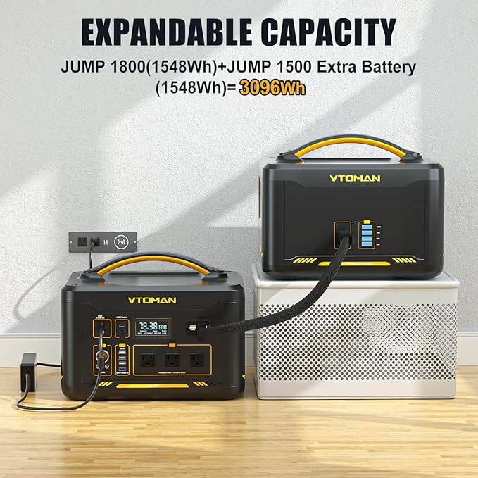 Vtoman 3096Wh Solar Generator with Extra Battery Included 1800W (Peak 3600W) LiFePO4 Battery Power Station for Power Outages RV Camping Emergencies