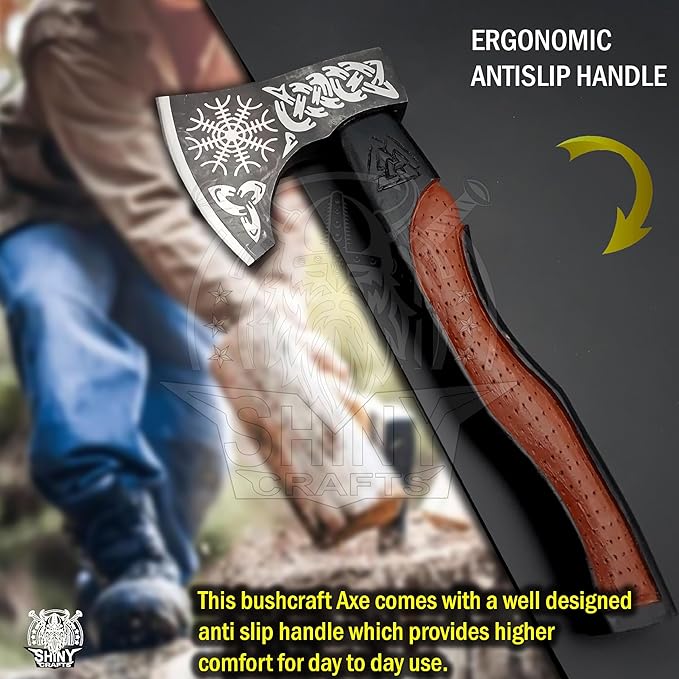 SHINY CRAFTS® Handcrafted Viking Axe – Nordic Engraved Blade with Wooden Handle Unique Gift for Men Collectors and Fantasy Enthusiasts (SCA-01)