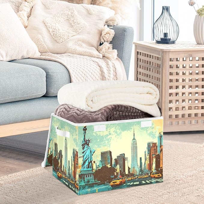Storage Cube with Lid New York Painting Print 16.5×12.6×11.8 IN Collapsible Large Capacity Foldable Storage Basket Bin Organizer