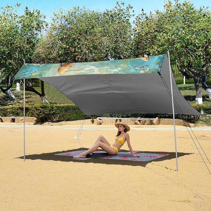 ALAZA Sea Mermaid with Dolphins Fish Beach Tent Sun Shelter Portable Canopy Sunshade for Outdoor Camping Picnics Backyard Fun 10x9 ft