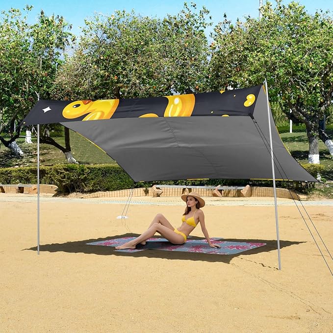 ALAZA Yellow Duck Heart Beach Tent Sun Shelter UPF50+ Protection Beach Shade Canopy w/ 4 Sandbags for Outdoor Camping Fishing Backyard Fun Picnic 10x9 ft