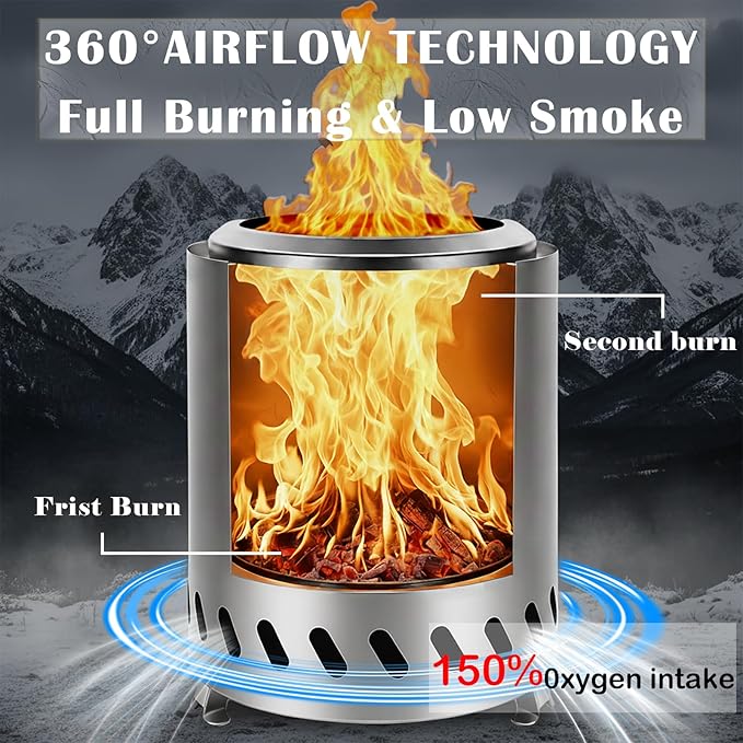 9.7 x 7.1 Inch Tabletop Fire Pit by AmazStove Low Smoke Camping Stove for Outdoor Safe Burning Firepits Fueled Pellets or Wood Travel Bag Included (Silver 9.7 x 7.1 INCH)