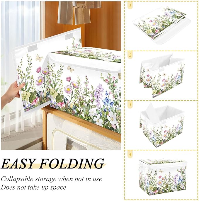senya Spring Storage Baskets Collapsible Storage Bins with Lids Spring Wild Flowers Butterfly Storage Boxes Clothes Baskets for Organizing