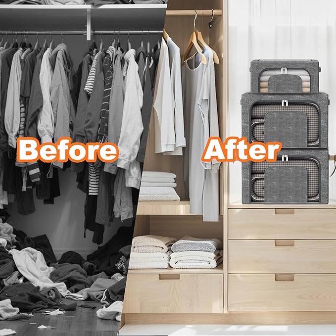 64L Large Stackable Storage Bins with Metal Frame (4 Pack) Foldable Fabric Clothes Organizer with 2 Clear Windows &amp Reinforced Handles Dual-Opening Storage Containers for Closet Underbed Grey
