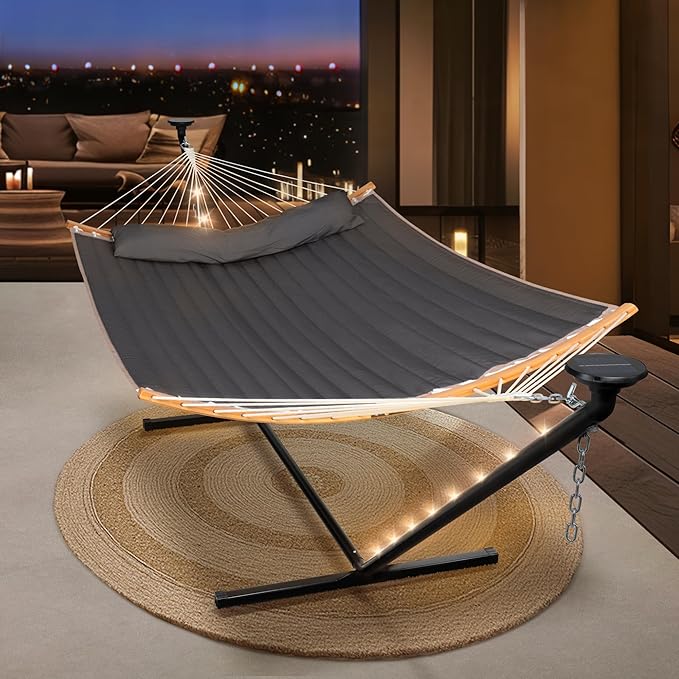 SUNCREAT Double Backyard Hammock with Solar Powered Lights for Outside 475 lbs Capacity Heavy Duty Self Standing Hammock with 12 ft Stand Dark Grey