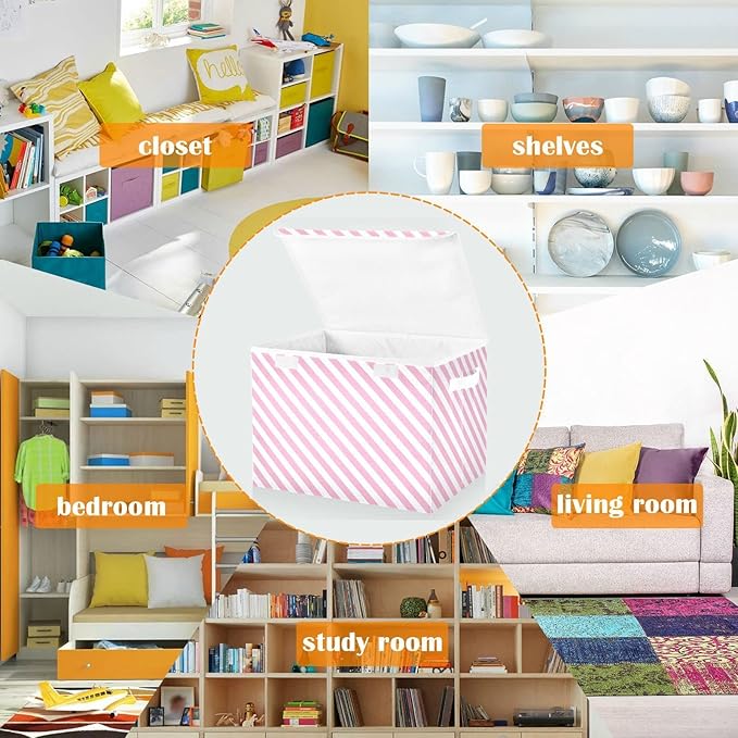 CaTaKu Pink Stripes Storage Bins with Lids and Handles Fabric Large Storage Container Cube Basket with Lid Decorative Storage Boxes for Organizing Clothes