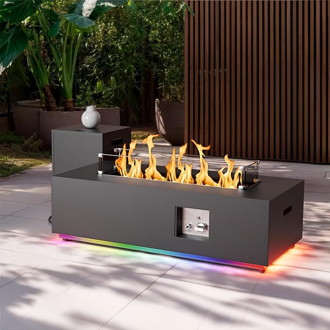 2-Piece 42 LED Rectangular Propane Fire Pit for Outside Patio with Hidden Tank Table 50000 BTU Fireplaces with Glass Wind Guard Lid Glass Rocks Cover(Black w/RGB Light)