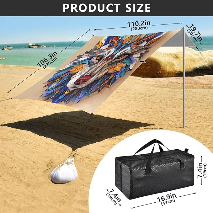ALAZA Colorful Wolf Head Beach Tent Sun Shelter UPF50+ Protection Beach Shade Canopy w/ 4 Sandbags for Outdoor Camping Fishing Backyard Fun Picnic 10x9 ft