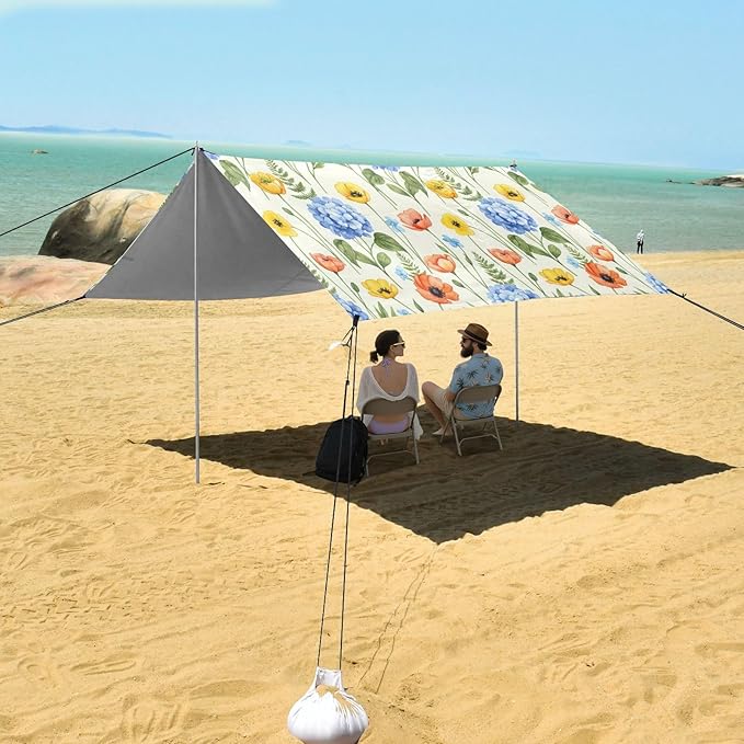 xigua Wildflowers Beach Tent Sun Shelter with Carrying Bag - Silver Coated Oxford Fabric Beach Canopy for Beach Camping Fishing - Includes Windproof Ropes Sandbags &amp Stakes