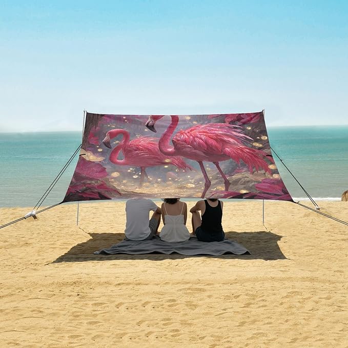 ALAZA Red Flamingos Beach Tent Sun Shelter UPF50+ Protection Beach Shade Canopy w/ 4 Sandbags for Outdoor Camping Fishing Backyard Fun Picnic 10x9 ft