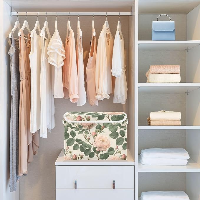 Blush Pink Rose Retro Collapsible Storage Bins with Lids Decorative Fabric Cubes Closet Organizer Basket Boxes Containers for Clothes Box Chest Folding Rectangle