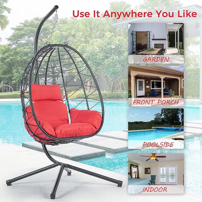 Hanging Egg Chair with Stand Black Wicker Rattan Swing Egg Chair Indoor Outdoor Swing Chair for Patio Balcony Porch Bedroom 350 LBS Capacity (Red)