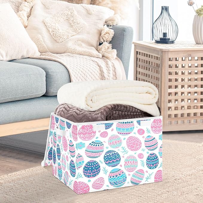 Christmas Storage Baskets with Lids Cute Eggs Collapsible Bins Stackable Fabric Linen Baskets Closet Organizer Container 16.5x12.6x11.8