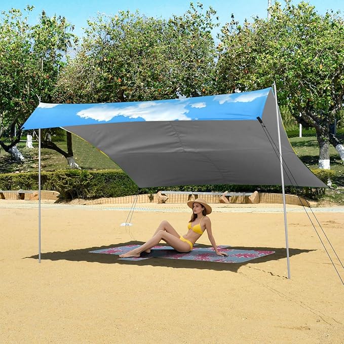 Beach Canopy with Windproof Ropes &amp Sandbags Beach Tent Sun Shade Sun Shelter for Camping Trips Fishing Backyard Fun or Picnics Sunflowers