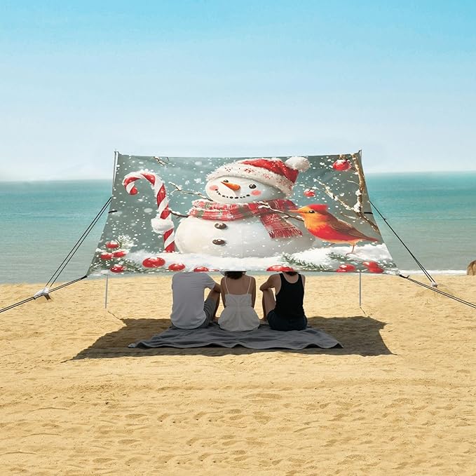 ALAZA Christmas Snowman Candy Beach Tent Sun Shelter UPF50+ Protection Beach Shade Canopy w/ 4 Sandbags for Outdoor Camping Fishing Backyard Fun Picnic 10x9 ft
