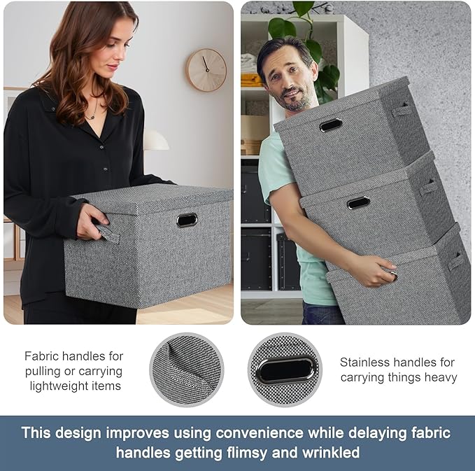 Graciadeco Large 17 36 Quart Collapsible Stackable Storage Bins with Lids 3 Packs Black and White Mix Linen Fabric Closet Boxes with Lids Storage Cube Baskets Container Organizers (17x12x11)