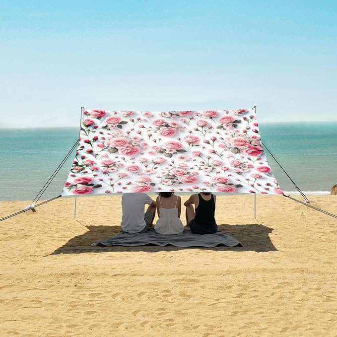 Little Rose Flowers Beach Tent Sun Shelter Set UPF50+ UV Protection 10.5 x 9.19 FT Camping Shade Canopy with Sandbags Sand Anchors Carrying Bag and Others