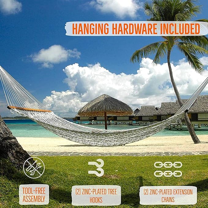 Castaway Living 13 ft. Double Traditional Hand Woven Navy Polyester Rope Hammock – 2-Person 450 lb Capacity Free Extension Chains &amp Tree Hooks Designed in The USA