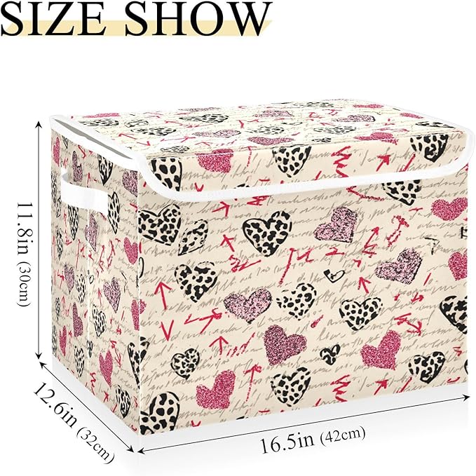 Storage Bins With Lid Stackable Fabric Closet Organizer Clothing Storage Large Boxes For Closet Shelves Bedroom Hearts Leopard Print Arrow Beige