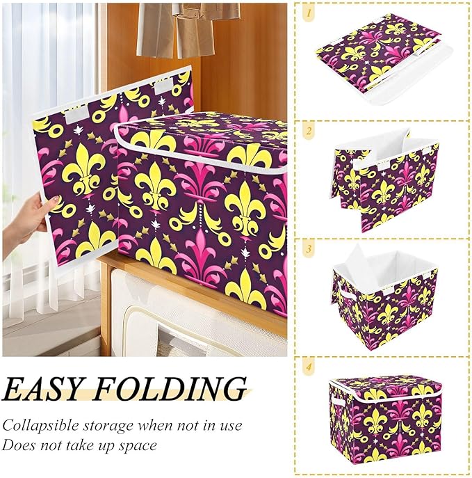 Christmas Storage Baskets with Lids Mardi Gras Lily Collapsible Bins Stackable Fabric Linen Baskets Closet Organizer Container 16.5x12.6x11.8