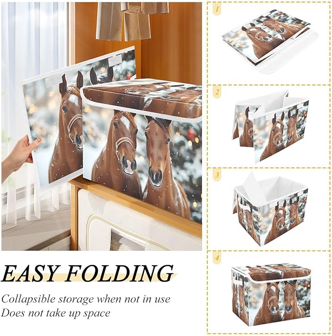 AIXIWAWA Lidded Storage Cube (Christmas Horses) Fabric Foldable Closet Bins with Flip Lid and Handles Organizer Basket Container 16.5 x 12.6 x 11.8 IN