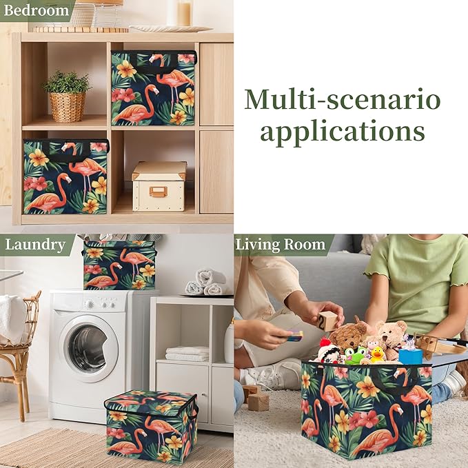 Tropical Flamingo Storage Basket with Lid Green Palm Leaves Foldable Storage Box Fabric Storage Bins with Carrying Handles for Home Bedroom Closet Organization