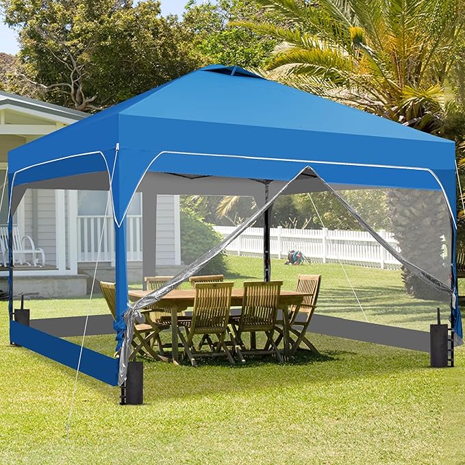 GDY 8x8FT Outdoor Pop Up Canopy Tent with One Push Setup Easy Setup Gazebo with 4 PVC Transparent Sidewalls for Patio Parties Camping Blue.