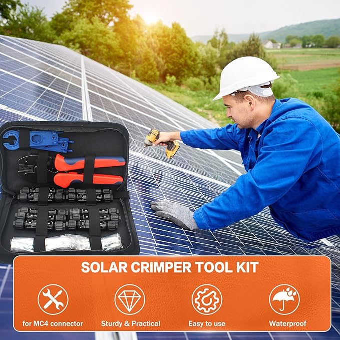 Solar Crimping Tool Kit for Panel Connectors - a Crimper 10 Pairs of Solar Wire Connectors 2 Pairs of Spanner Wrench for Solar Cable