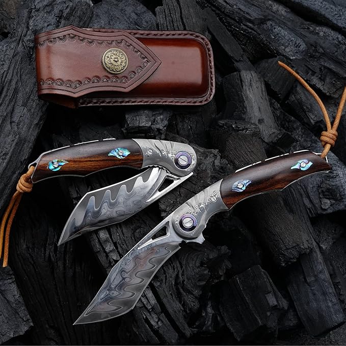 3.7 Inch Folding Pocket Knife Japanese SKD11 Damascus Steel Blade - Outdoor Camping Knife EDC Tactical Knife Forged Steel with G10 Handle Portable Survival Knife for Hunting Hiking