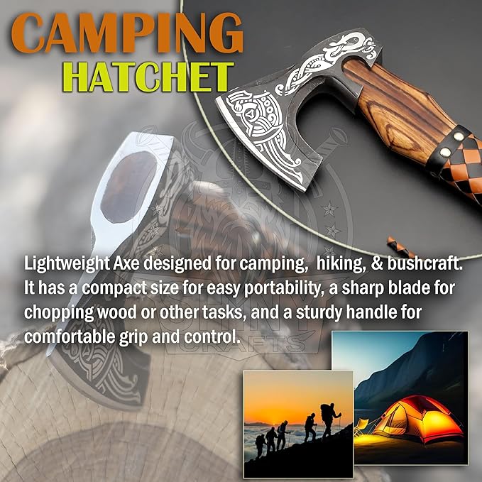 SHINY CRAFTS® Handcrafted Decorative Viking Axe with Leather-Wrapped Handle &amp Sheath – Engraved Blade – Ceremonial Collectible Gift for Men History Buffs Cosplay &amp Display (VBA-03)