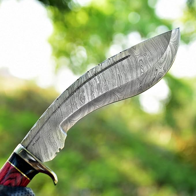 MR. CRAFT Custom Handmade Traditional Kukri Damascus Steel Fixed Blade Knife With Sheath Full Tang Heavy Duty Camping Knives - Gifts for Men (Red Wood &amp Black Horn)