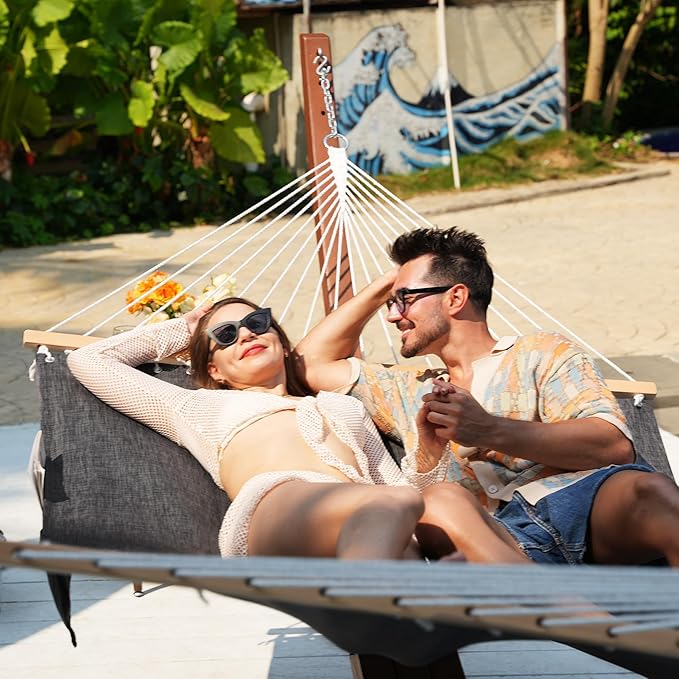 Lazy Daze Hammocks 11 FT Double Outside Hammock Quick Dry Olefin Fabric Hammock with Spreader Bar &amp Side Pocket for Outdoor Poolside Backyard 450 lbs Capacity Black