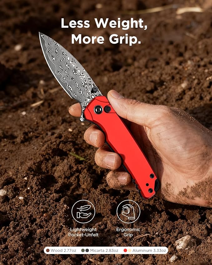 Damascus Folding Pocket Knife for EDC Small Pocket Knives for Men Women 2.99 Sharp Japanese VG10 Blade Aluminum Handle with Clip for Camping Hiking Outdoor Survival Mini 3080AR (Red)