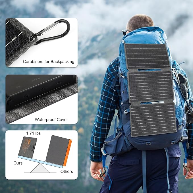 Portable Foldable Solar Panel Kit 30W 18V ETFE Solar Panels Charger with USB 3.0 Type-C and DC Outputs Fast Charging Compatible with iPhone iPad Power Banks IP67 Waterproof for RV Camping Off-Grid