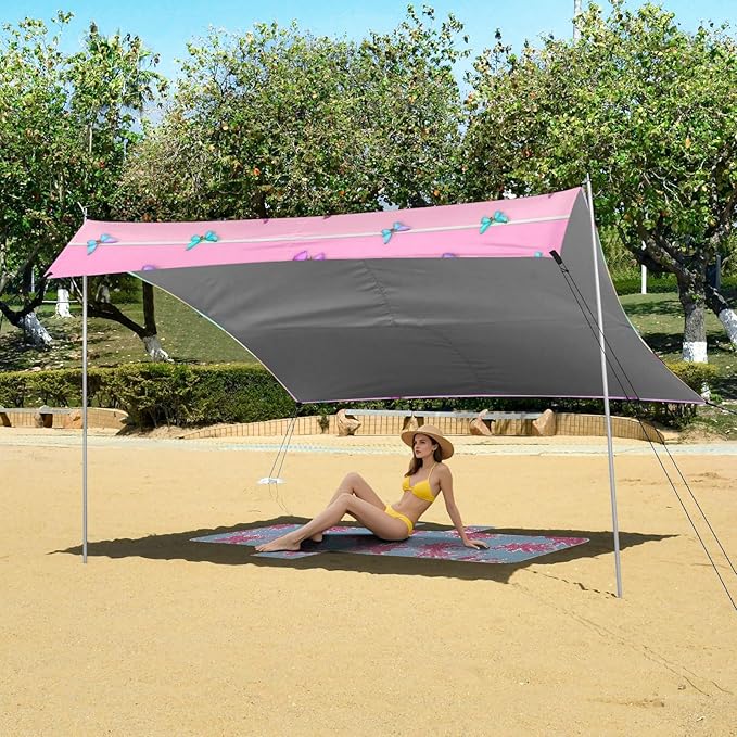 Beach Canopy with Windproof Ropes &amp Sandbags Beach Tent Sun Shade Sun Shelter for Camping Trips Fishing Backyard Fun or Picnics Butterfly