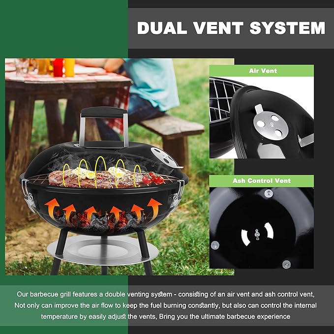 14 inch Charcoal Grill Joyfair Small Portable BBQ Grill with Locking Lid for Outdoor Camping/Patio/Backyard Barbecue/Tabletop Cooking Enamel Coated &amp Dual Vent System (Black)
