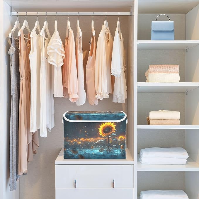 AIXIWAWA Lidded Storage Cube (Shining Sunflower) Fabric Foldable Closet Bins with Flip Lid and Handles Organizer Basket Container 16.5 x 12.6 x 11.8 IN