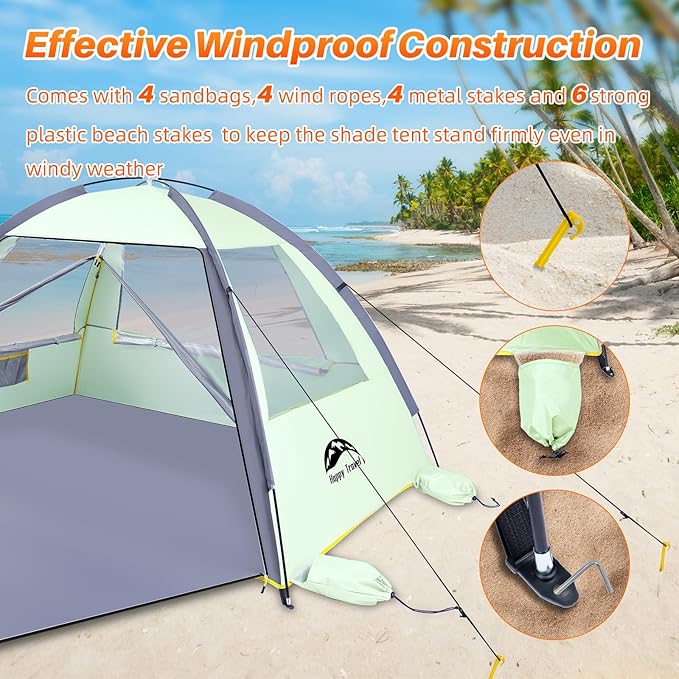 Happy Travel Beach Tent Sun Shelter for 3/4/5/6/7/8 Person Portable UPF 50+ UV Protection Beach Shade Canopy for Family &amp Baby Lightweight &amp Easy Setup Beach Cabana with 3 Ventilation Mesh W
