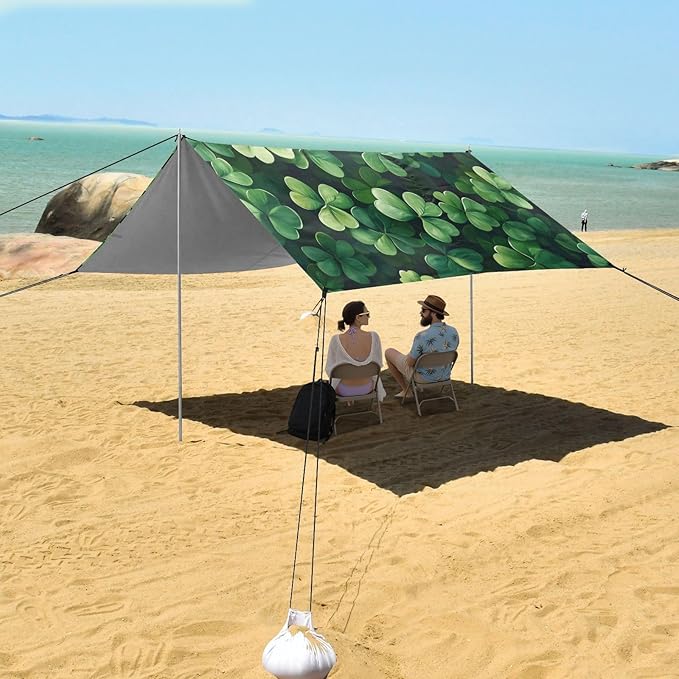 St Patrick's Day Clovers Beach Tent Sun Shelter Set UPF50+ UV Protection 10.5 x 9.19 FT Camping Shade Canopy with Sandbags Sand Anchors Carrying Bag and Others
