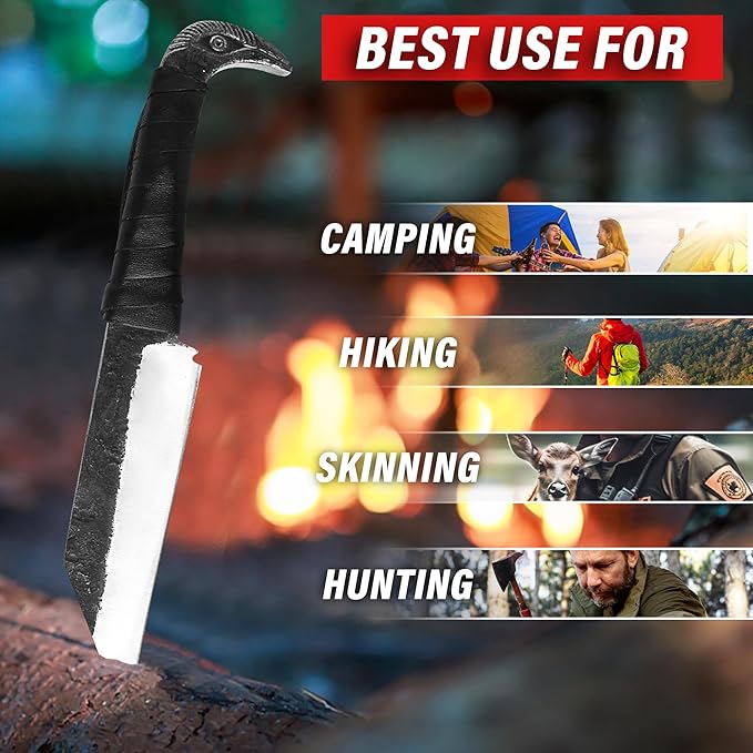 Odin's Raven Viking-styled Seax Knife 8.6 - Hand-Forged 4.4 Carbon Steel Blade Raven's Head Hilt and 2 Genuine Leather Sheaths - Unique Medieval Seax Style - Norse Knife for Hunting &amp Camping