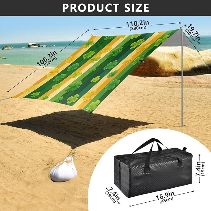 St Patrick's Striped Shamrocks Beach Tent Sun Shelter Set UPF50+ UV Protection 10.5 x 9.19 FT Camping Shade Canopy with Sandbags Sand Anchors Carrying Bag and Others