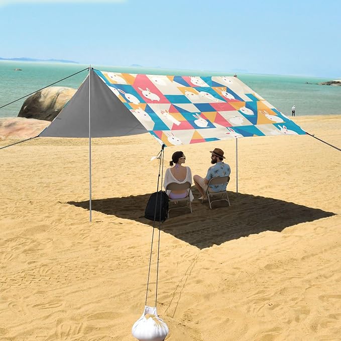 Pattern Rabbit Foldable Beach Tent UPF50+ Protection Waterproof Large Portable Sun Shelter with Carrying Bag for Backyard and Camping