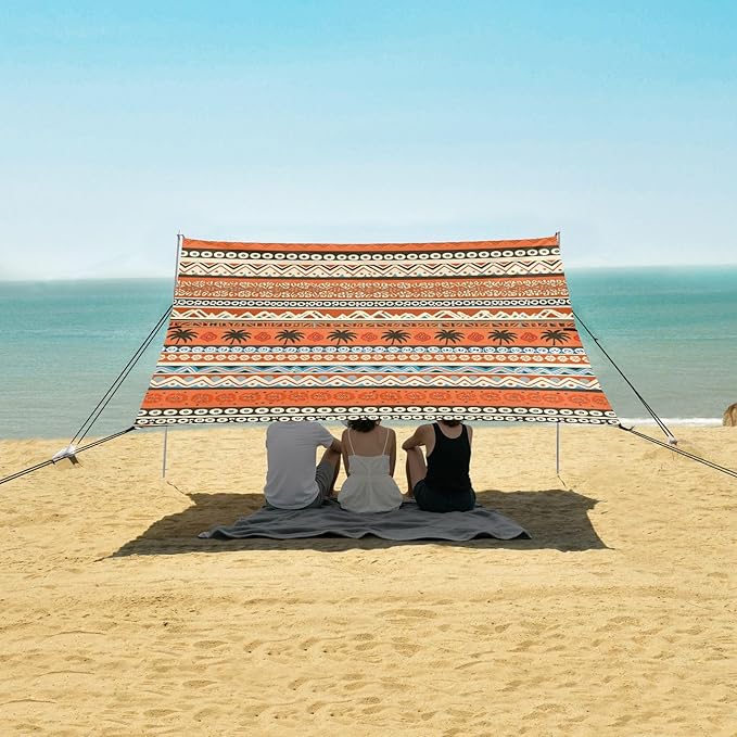 xigua Boho Tribal Aztec Beach Tent Sun Shelter with Carrying Bag - Silver Coated Oxford Fabric Beach Canopy for Beach Camping Fishing - Includes Windproof Ropes Sandbags &amp Stakes