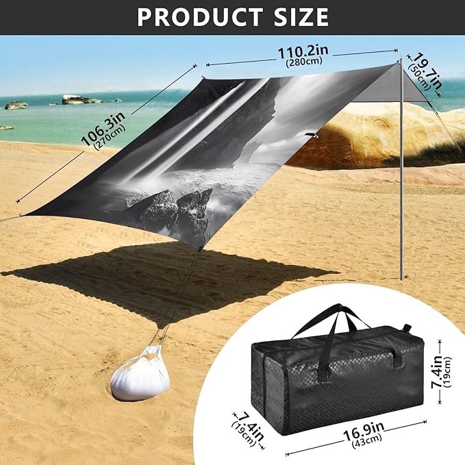 Cliffs Waterfall Beach Tent Sun Shelter Set UPF50+ UV Protection 10.5 x 9.19 FT Camping Shade Canopy with Sandbags Sand Anchors Carrying Bag and Others