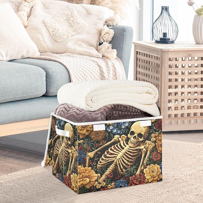 Storage Cube with Lid Skeleton Sleeping Print 16.5×12.6×11.8 IN Collapsible Large Capacity Foldable Storage Basket Bin Organizer