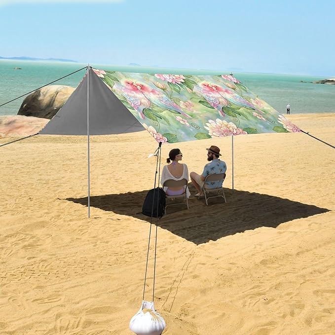 Birds Beach Canopy Sun Shelter with Sandbags &amp Sand Shovel &amp Windproof Ropes - Portable 110x126 Beach Shade Beach Tent for Camping Picnics