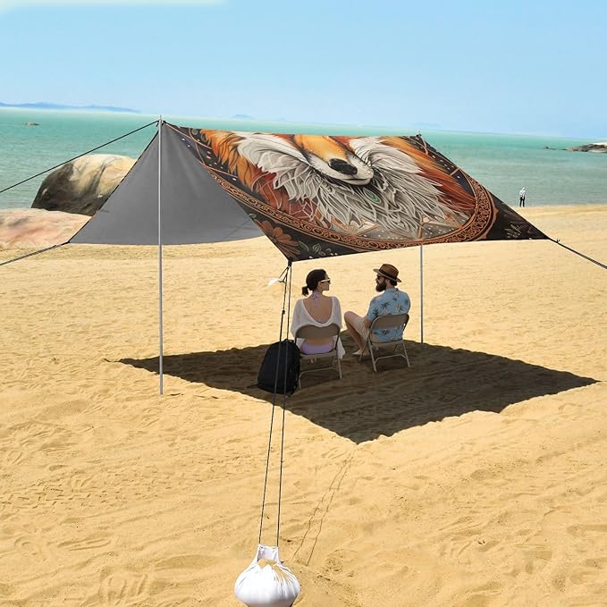 ALAZA Fox Mandala Beach Tent Sun Shelter Portable Canopy Sunshade for Outdoor Camping Picnics Backyard Fun 10x9 ft