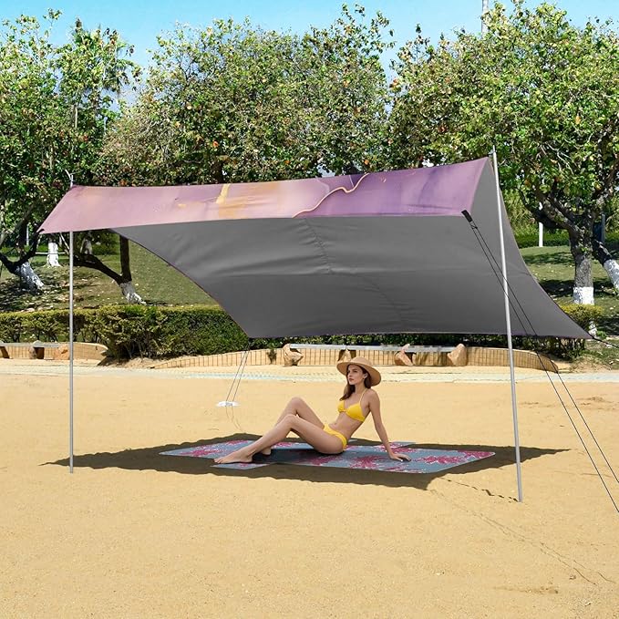 ALAZA Purple &amp Gold Marble Beach Tent Sun Shelter UPF50+ Protection Beach Shade Canopy w/ 4 Sandbags for Outdoor Camping Fishing Backyard Fun Picnic 10x9 ft