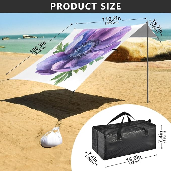 ALAZA Watercolor Anemone Flower Beach Tent Sun Shelter UPF50+ Protection Beach Shade Canopy w/ 4 Sandbags for Outdoor Camping Fishing Backyard Fun Picnic 10x9 ft